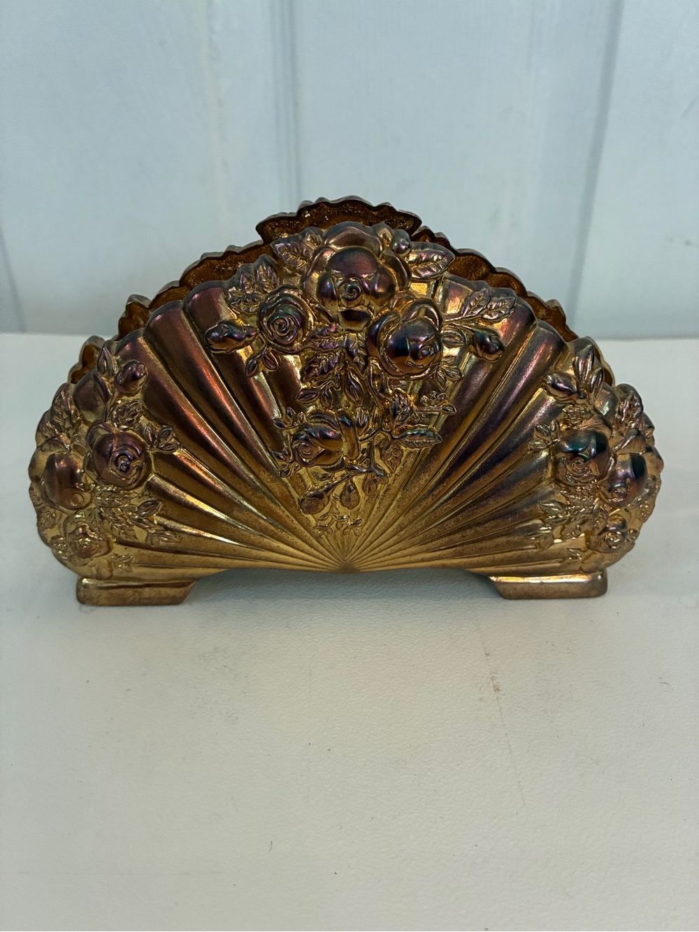 Vintage Royal Doulton Old Country Roses Gold Tone Fan Napkin Letter Holder 4x6.5